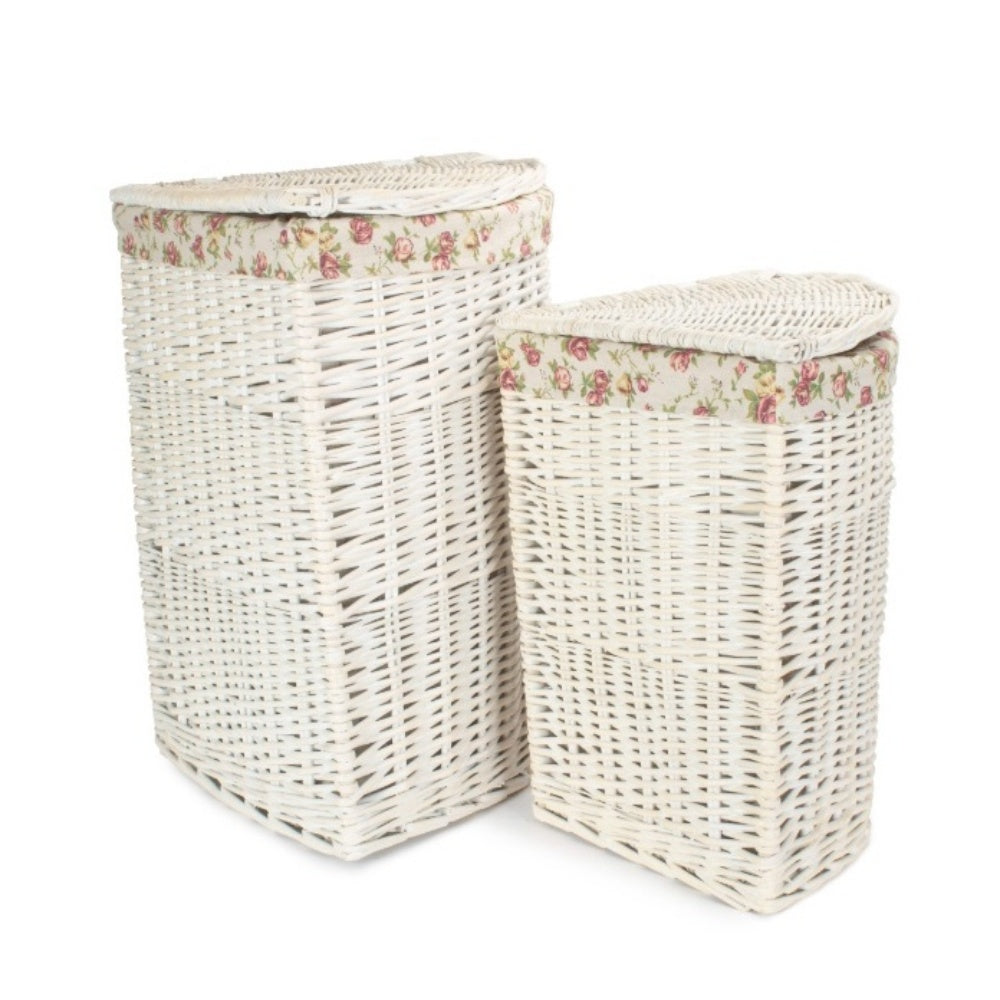 White Wash Corner Wicker Laundry Basket with Lining