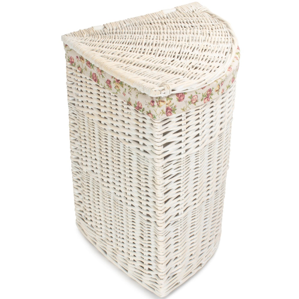 White Wash Corner Wicker Laundry Basket with Lining