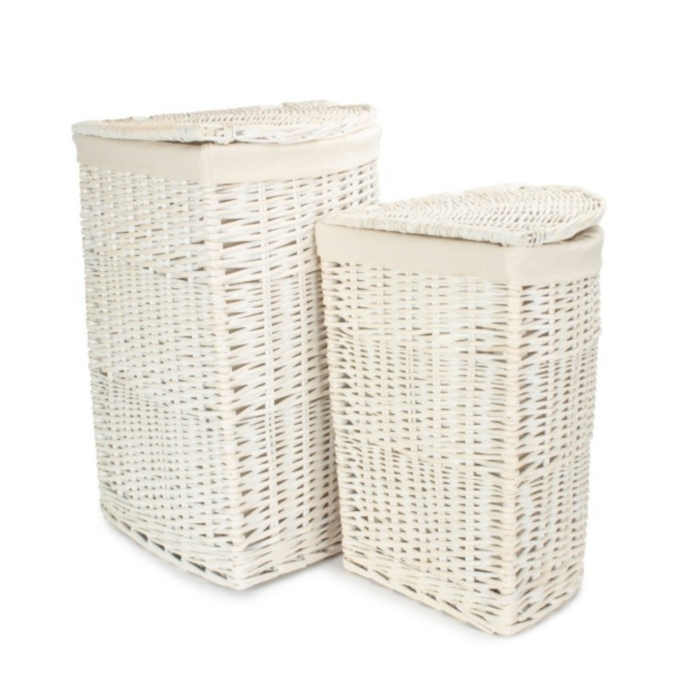 White Wash Corner Cotton Lined Wicker Laundry Basket