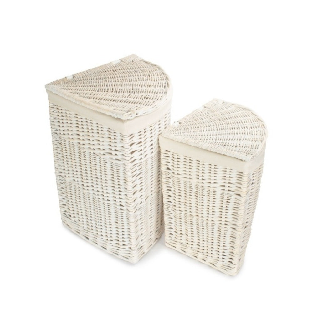 White Wash Corner Cotton Lined Wicker Laundry Basket