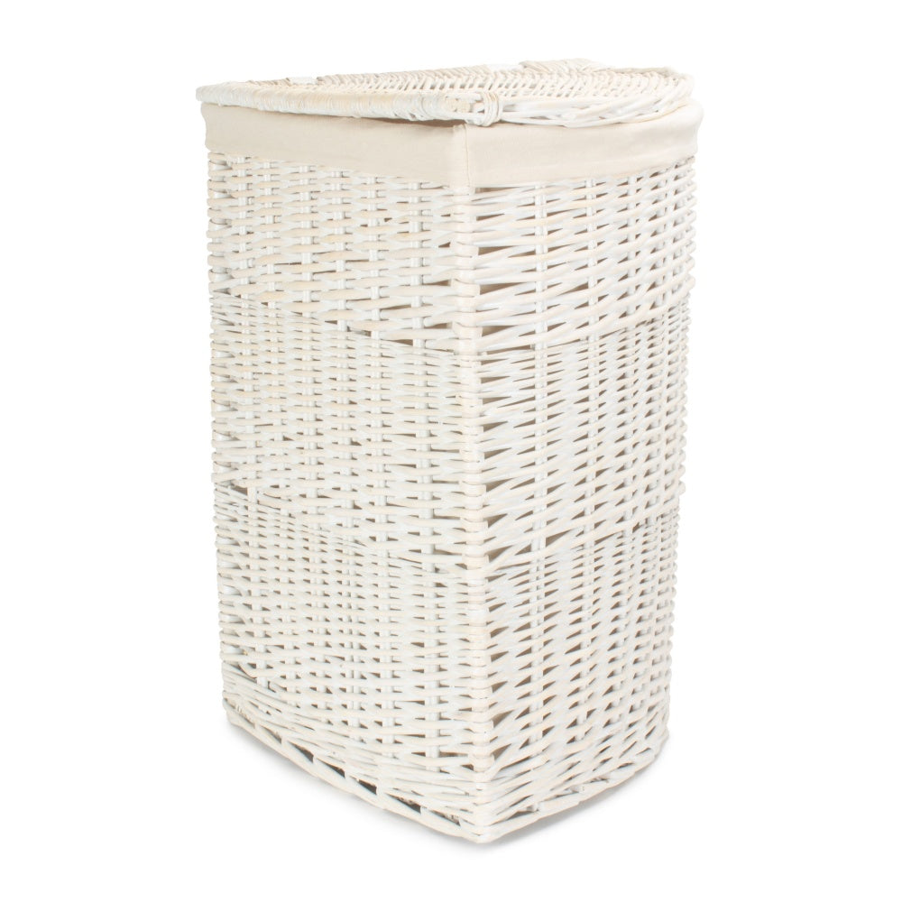 White Wash Corner Cotton Lined Wicker Laundry Basket