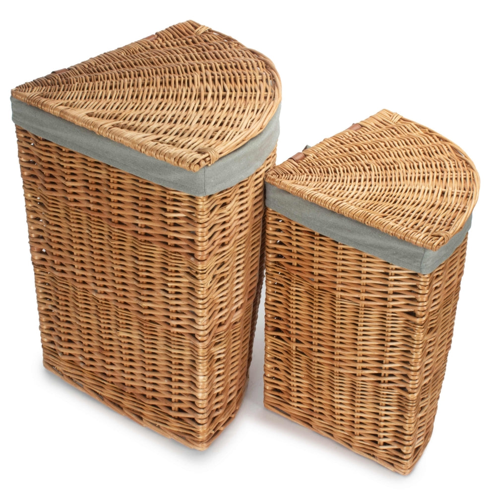 Light Steamed Corner Wicker Laundry Basket with Grey Sage Lining