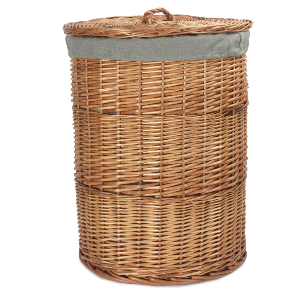 Light Steamed Round Wicker Laundry Basket with Grey Sage Lining