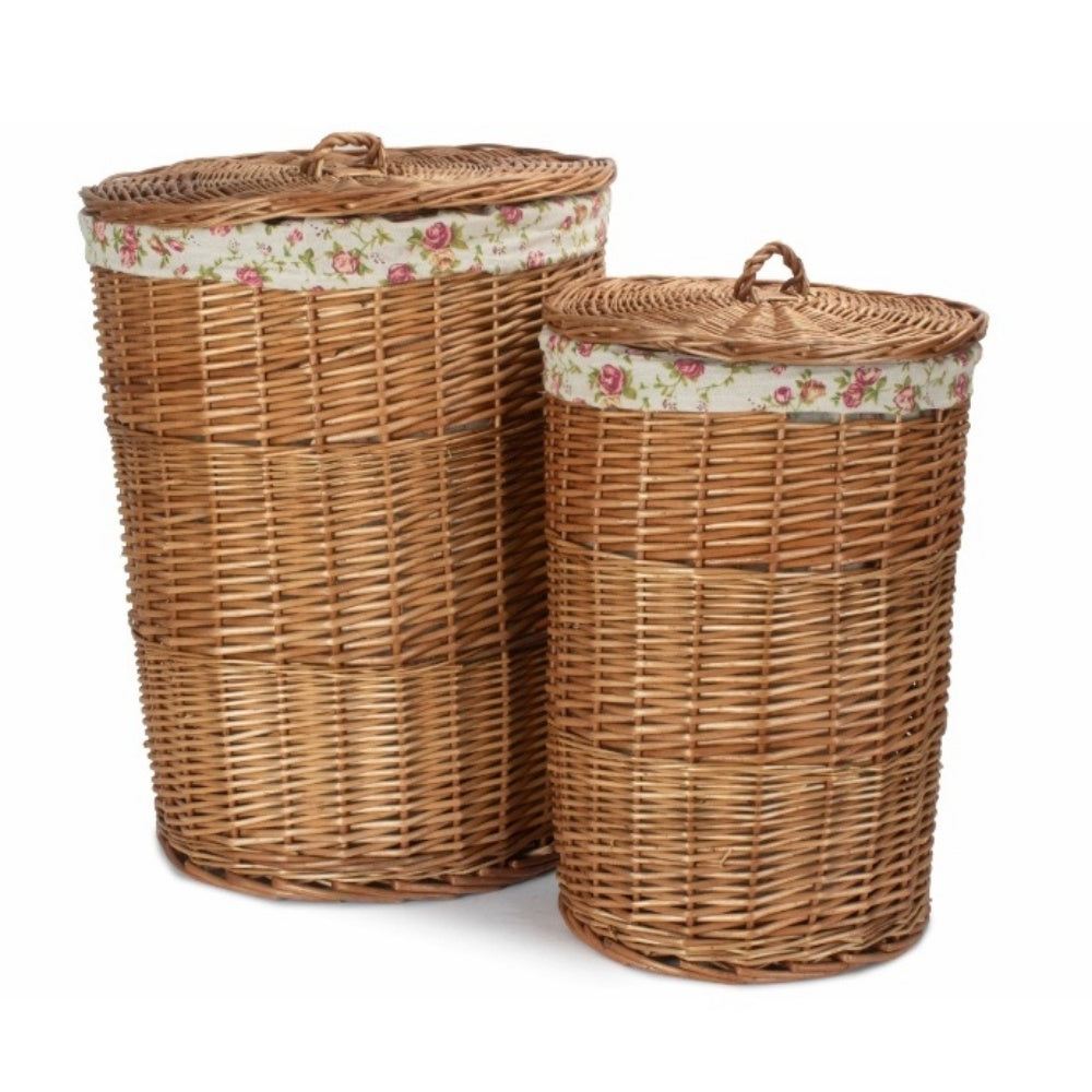 Light Steamed Round Garden Rose Lined Wicker Laundry Basket