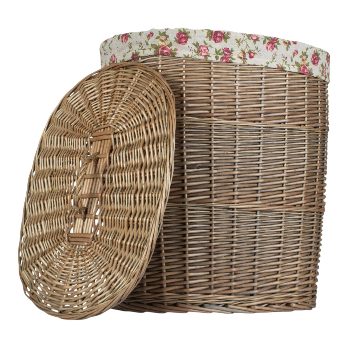 Antique Wash Garden Rose Cotton Lined Oval Willow Laundry Basket
