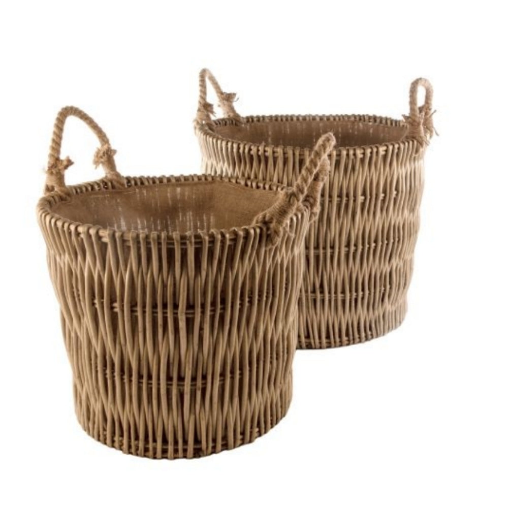 Set of 2 Vertical Weave Hessian Lined Wicker Log Basket
