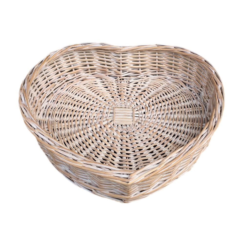 Whitewash Heart Shaped Wicker Tray