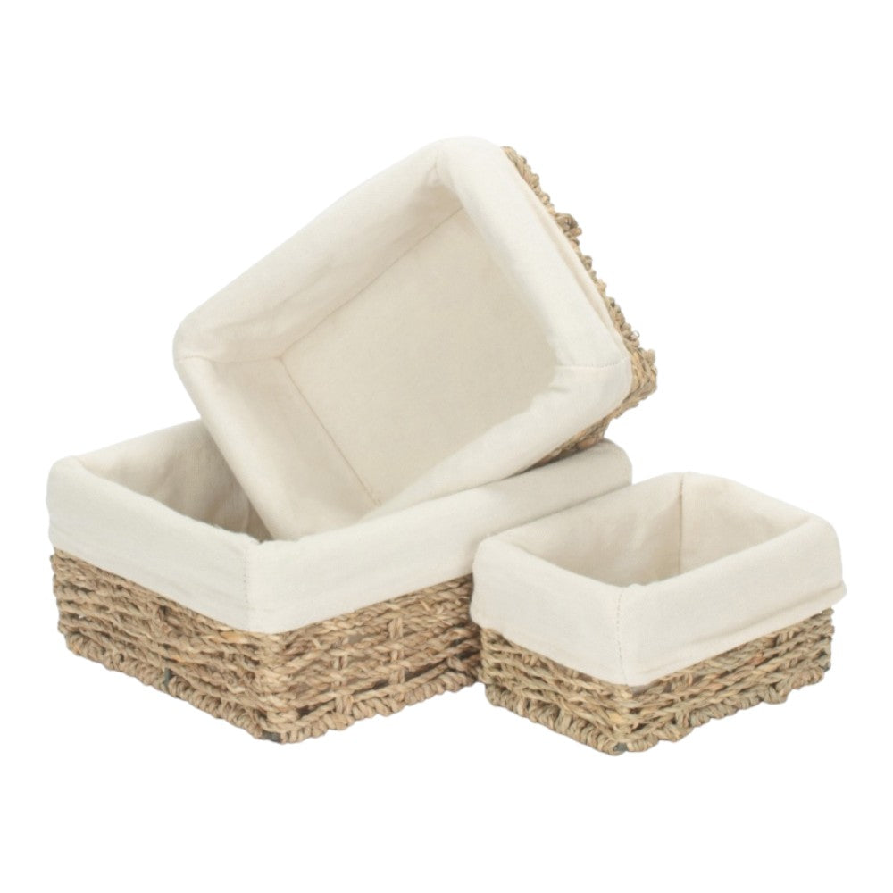 Set of 3 Rectangular Cotton Lined Seagrass Trays
