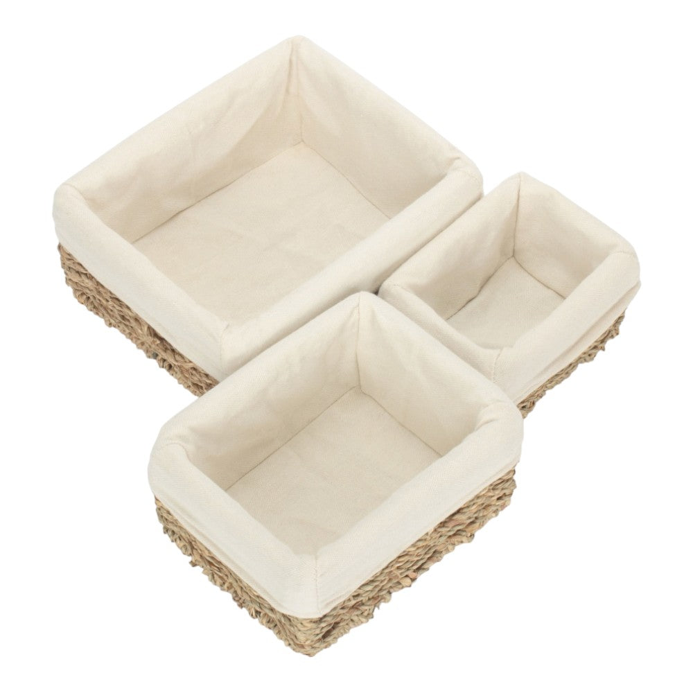 Set of 3 Rectangular Cotton Lined Seagrass Trays