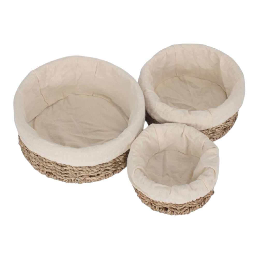 Set of 3 Round Cotton Lined Seagrass Trays