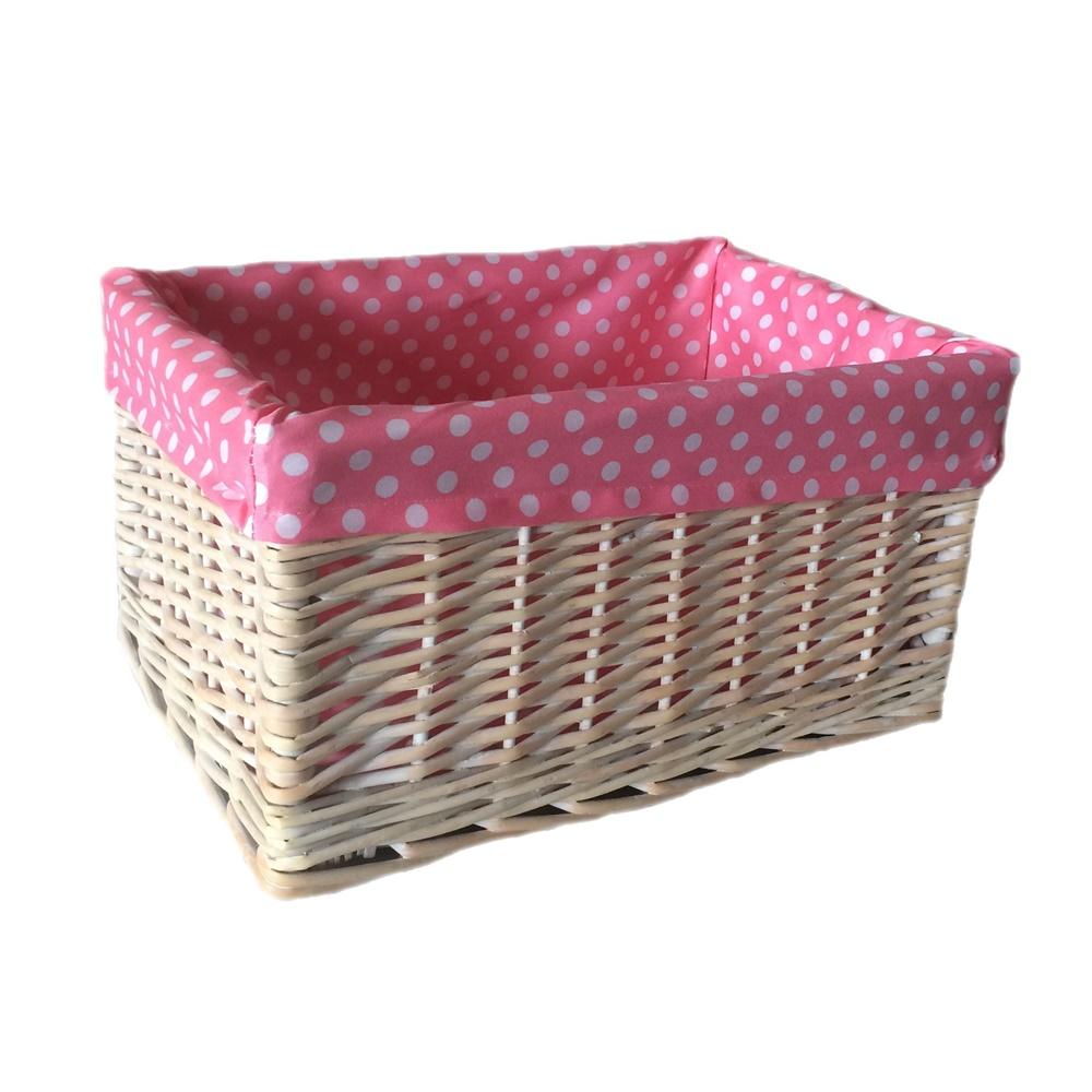 Pink Spotty Lined Wicker Storage Basket