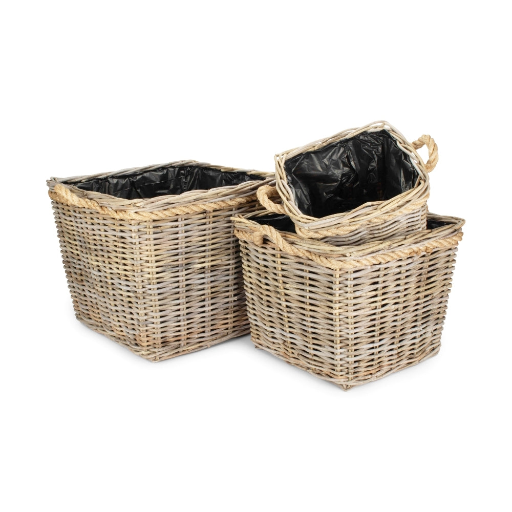 Square Tapered Rope Handled Rattan Planter With Plastic Lining