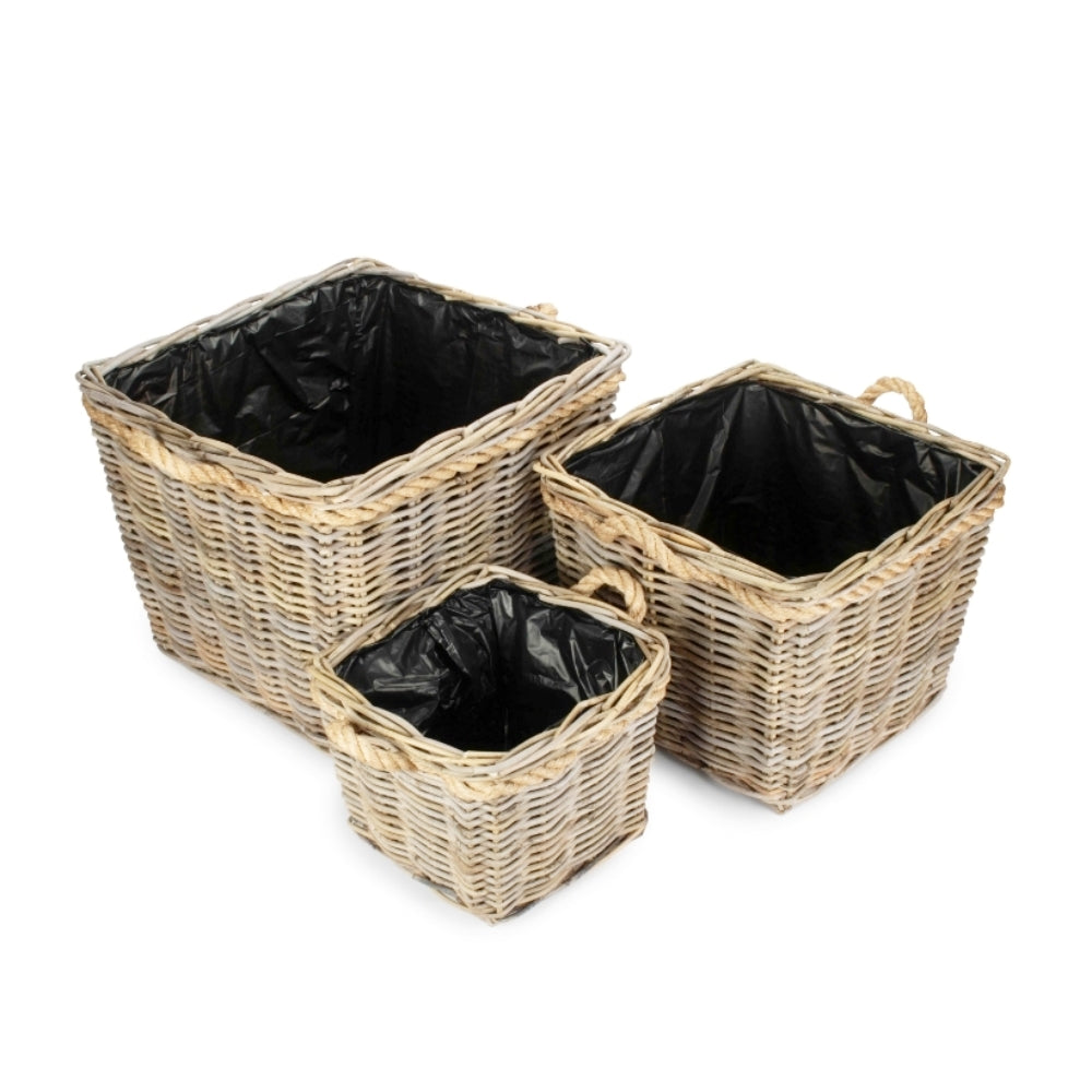 Square Tapered Rope Handled Rattan Planter With Plastic Lining