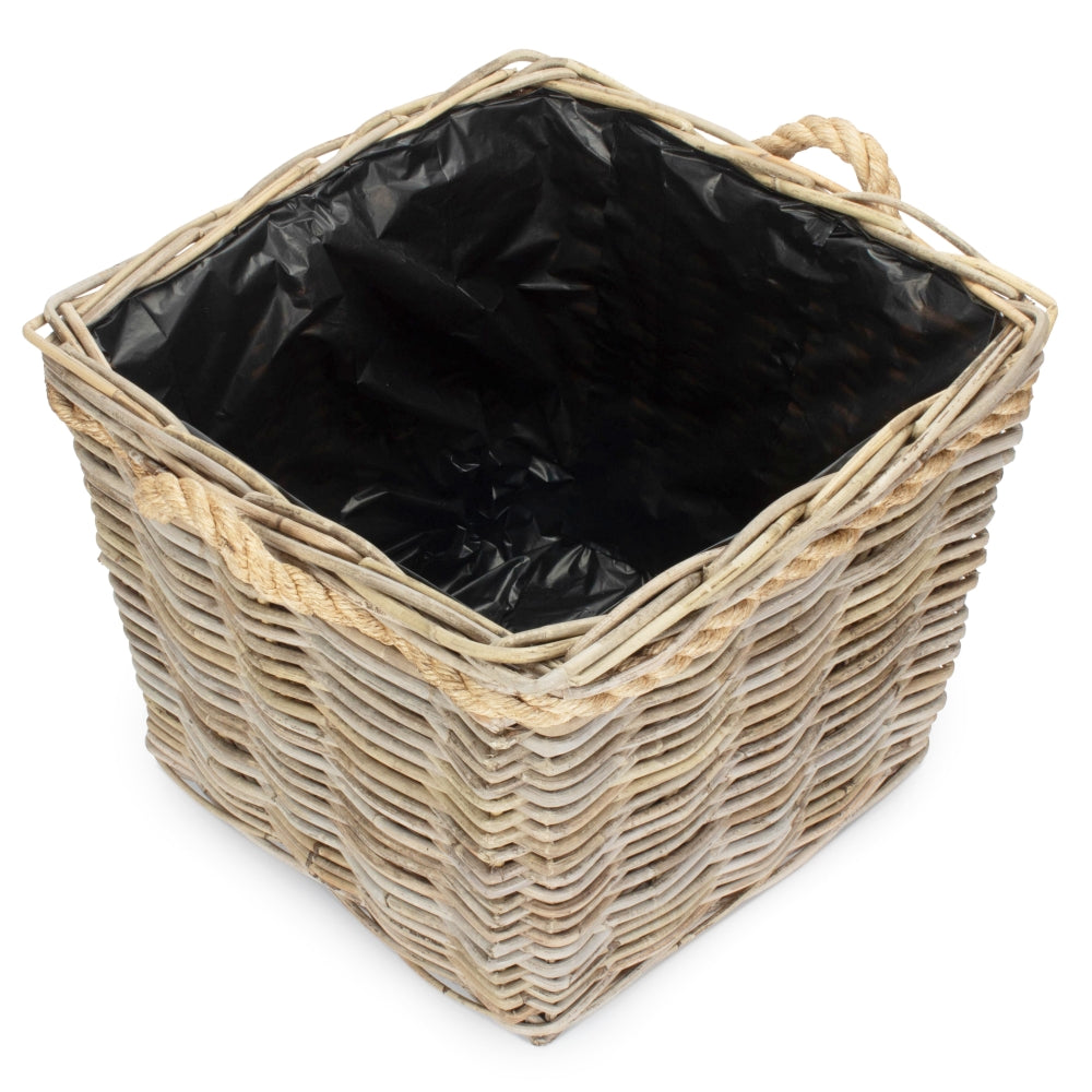 Square Tapered Rope Handled Rattan Planter With Plastic Lining