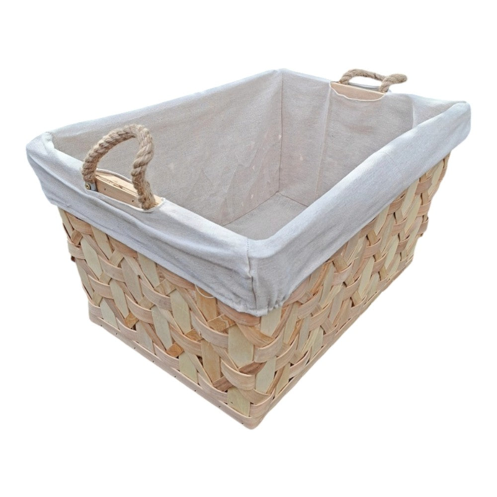 Rope Handle Wooden Weave Lined Storage Basket