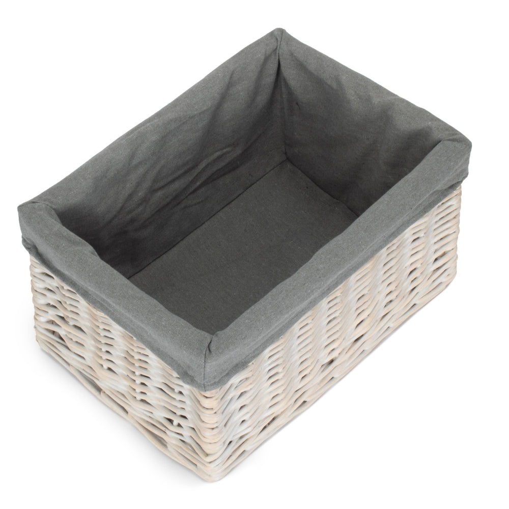Whitewash Grey Lined Open Wicker Storage Basket