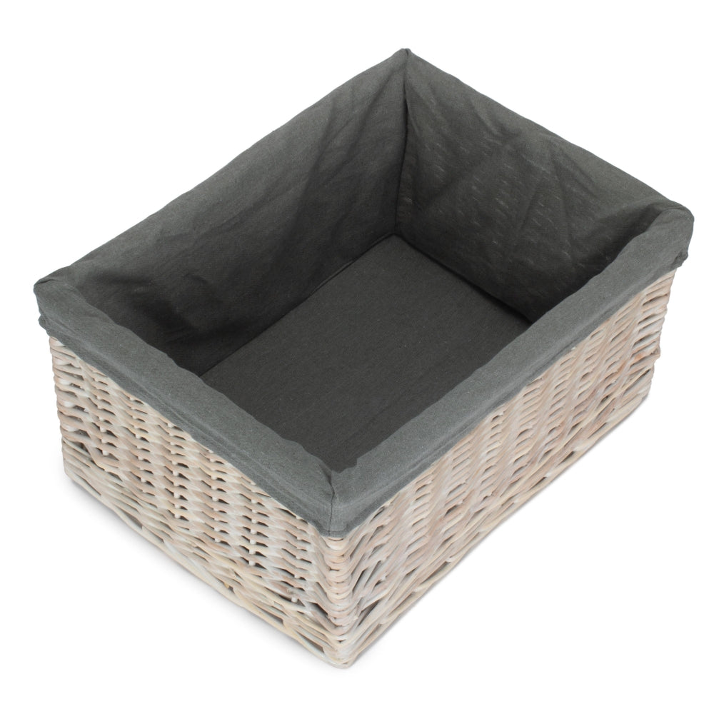 Whitewash Grey Lined Open Wicker Storage Basket