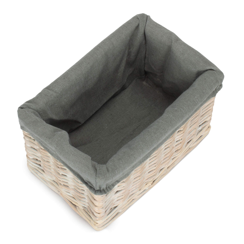 Whitewash Grey Lined Open Wicker Storage Basket