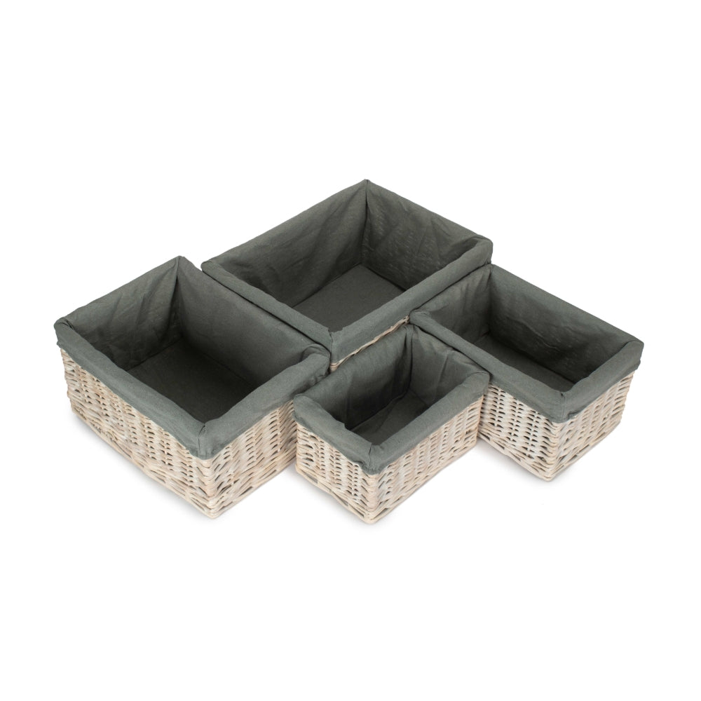Whitewash Grey Lined Open Wicker Storage Basket