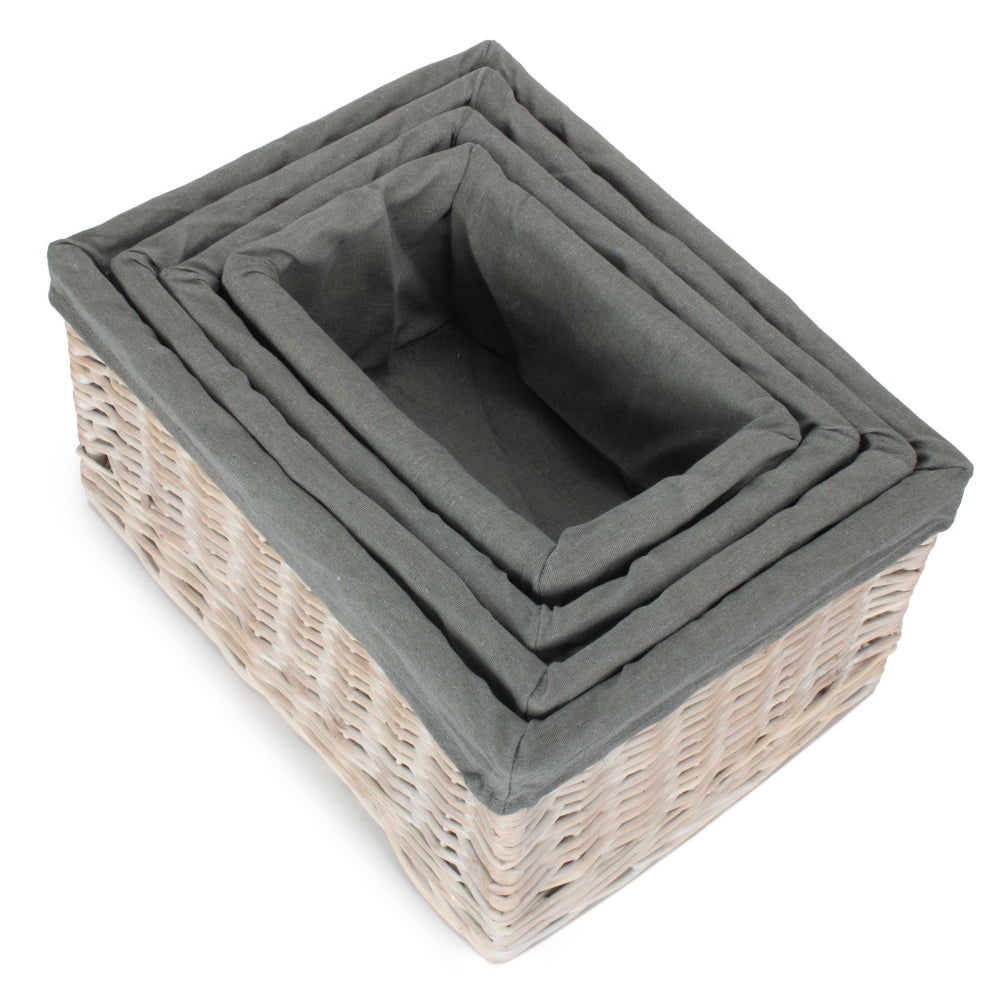 Whitewash Grey Lined Open Wicker Storage Basket