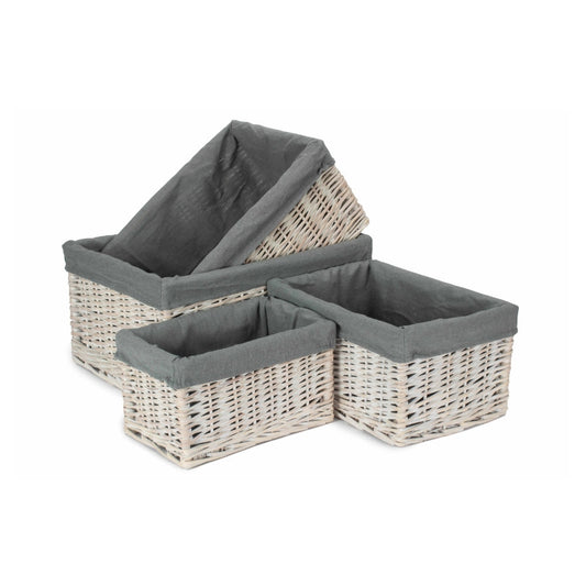 Whitewash Grey Lined Open Wicker Storage Basket