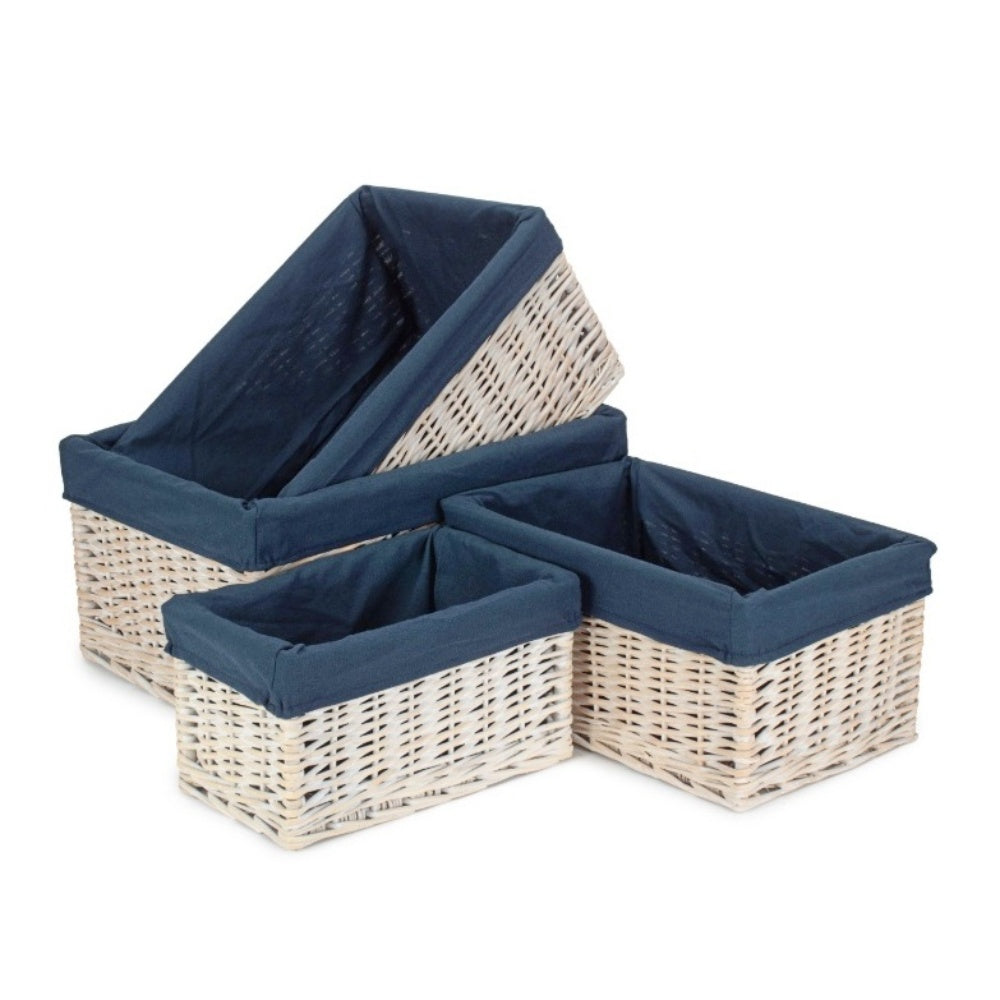 White Wash Navy Lined Open Storage Basket