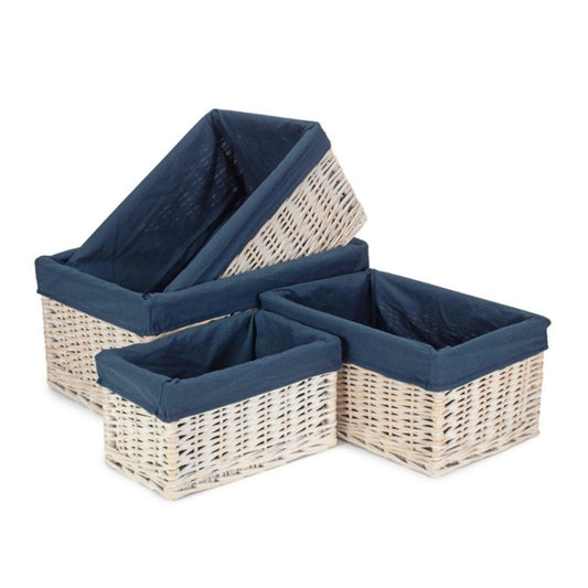 White Wash Navy Lined Open Storage Basket