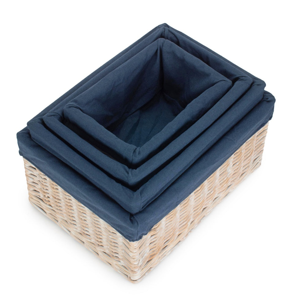 White Wash Navy Lined Open Storage Basket