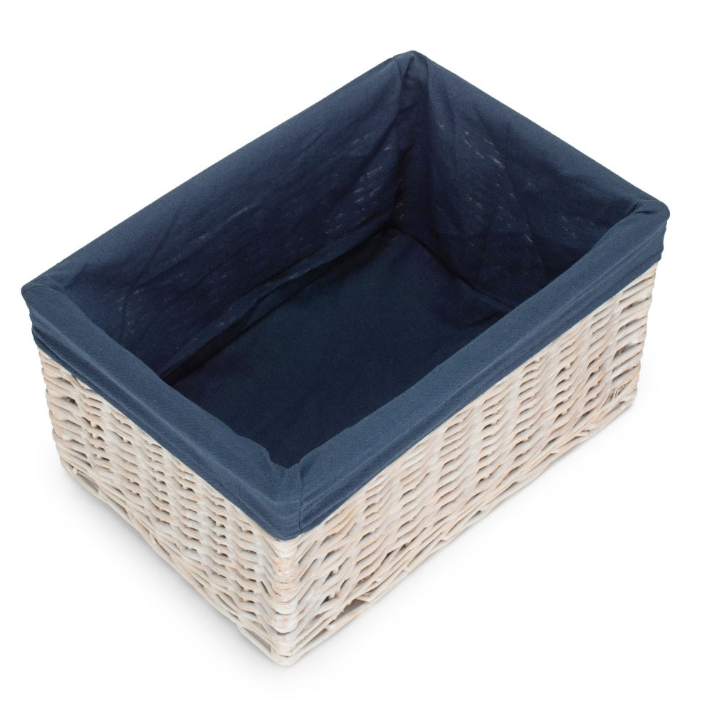 White Wash Navy Lined Open Storage Basket