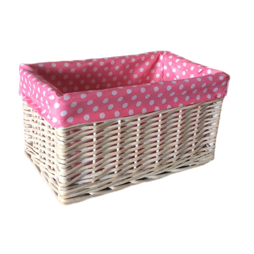Pink Spotty Lined Wicker Storage Basket