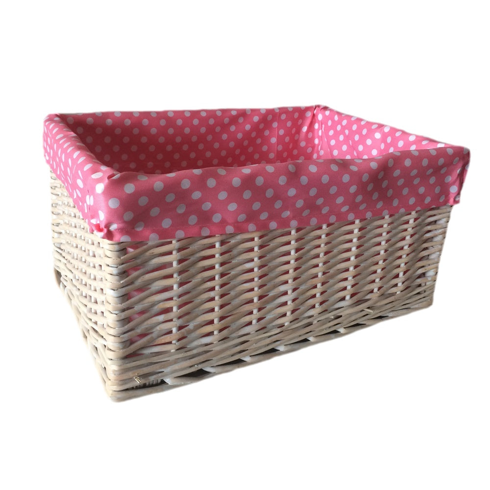Pink Spotty Lined Wicker Storage Basket