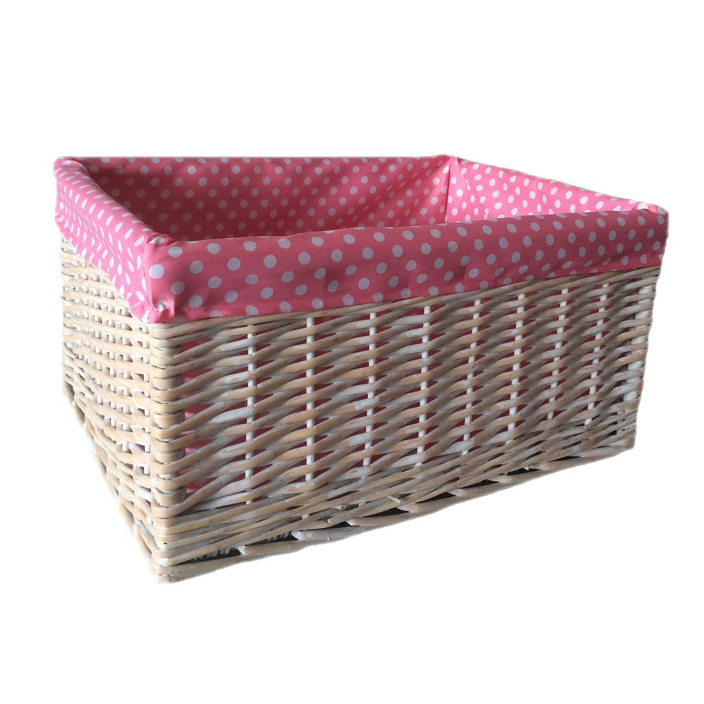 Pink Spotty Lined Wicker Storage Basket