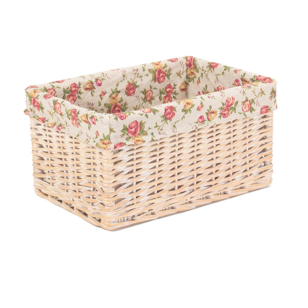 Whitewash Garden Rose Lined Wicker Storage Basket