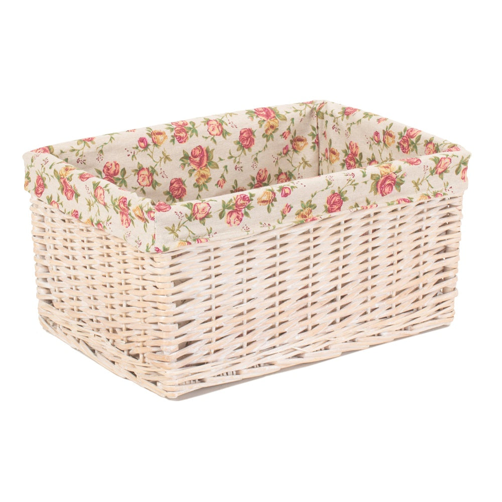 Whitewash Garden Rose Lined Wicker Storage Basket