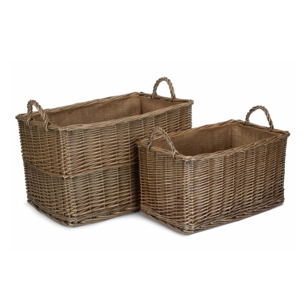 Antique Wash Rectangular Hessian Lined Wicker Log Basket