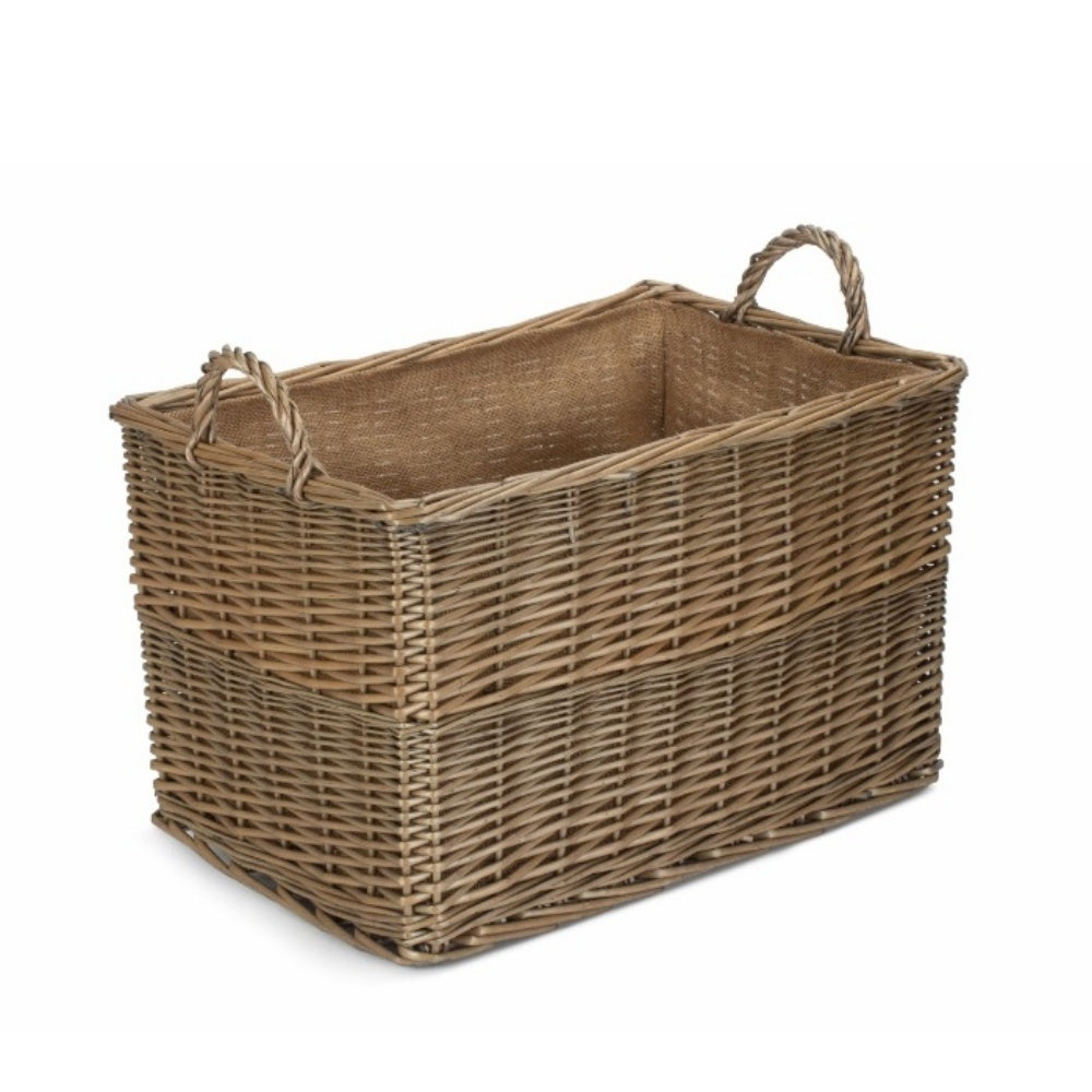 Antique Wash Rectangular Hessian Lined Wicker Log Basket