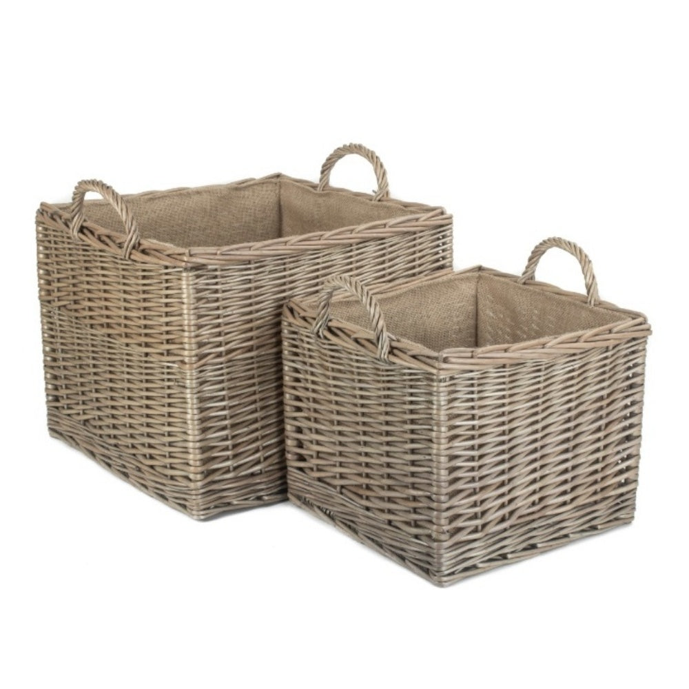 Antique Wash Square Hessian Lined Wicker Log Basket