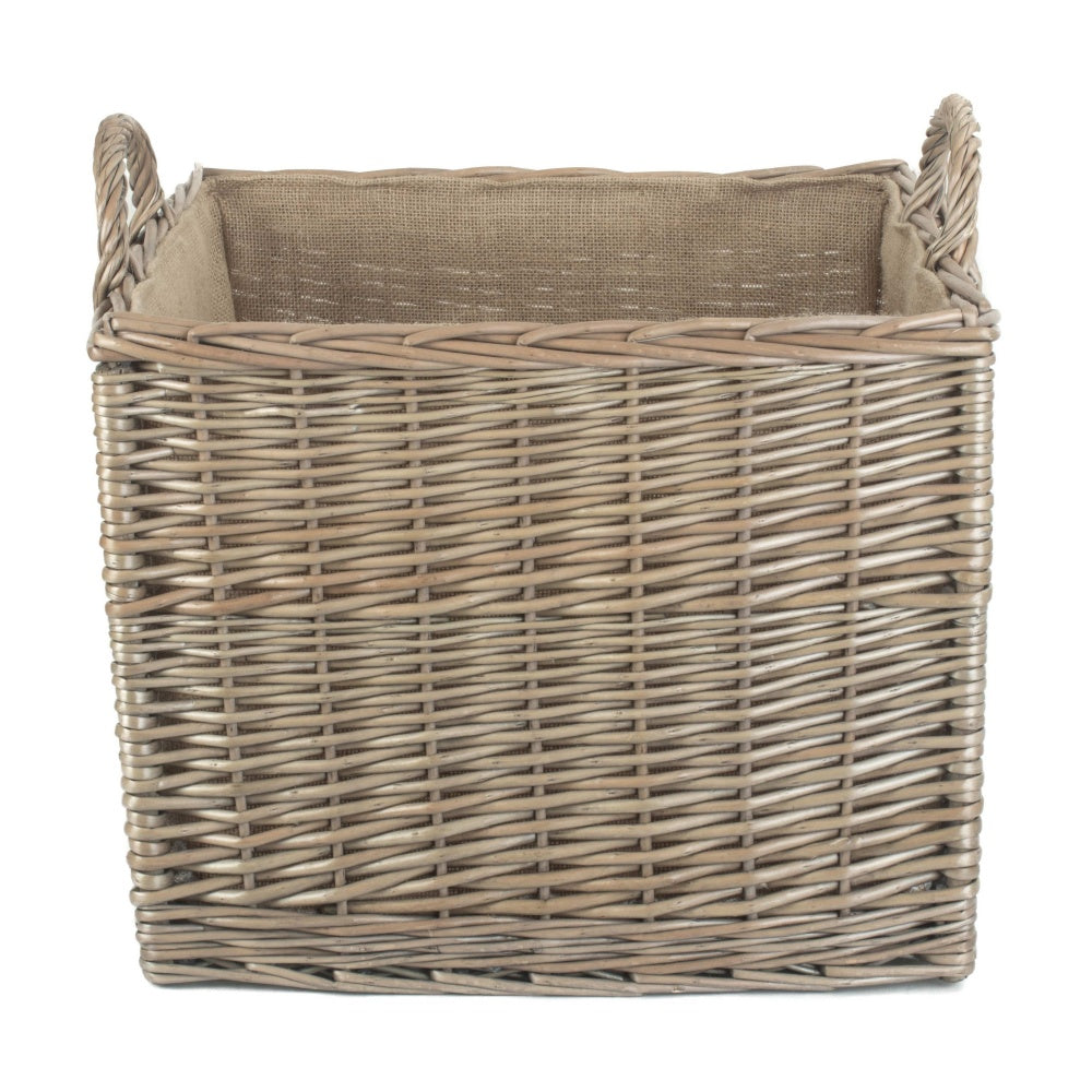 Antique Wash Square Hessian Lined Wicker Log Basket