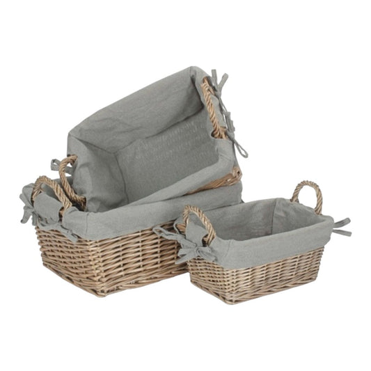 Wicker Antique Wash Finish Handled Grey Cotton Lining Storage Basket