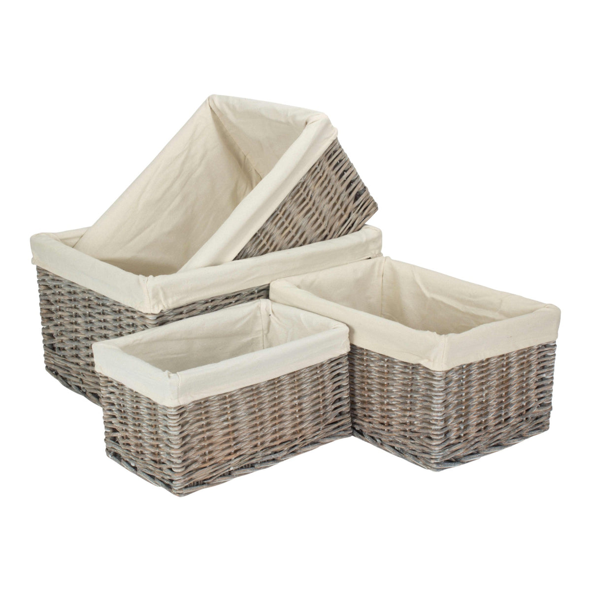 Grey Wash White Cotton Lined Willow Storage Baskets