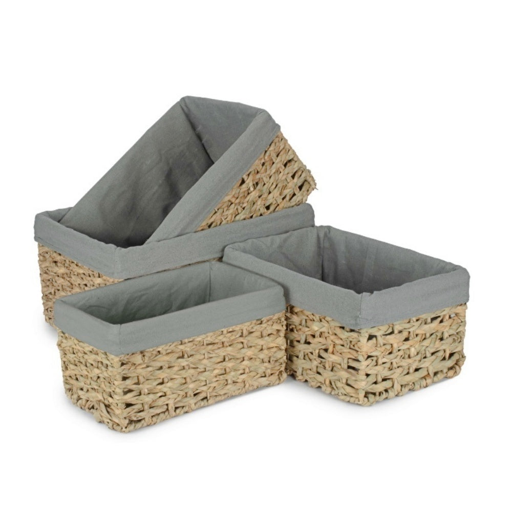 Thatch Grass Woven Storage Basket with Grey Cotton Lining