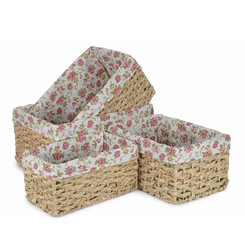 Thatch Grass Woven Storage Basket with Garden Rose Cotton Lining