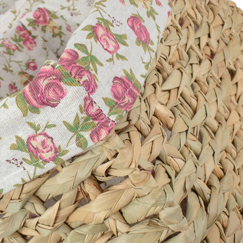 Thatch Grass Woven Storage Basket with Garden Rose Cotton Lining