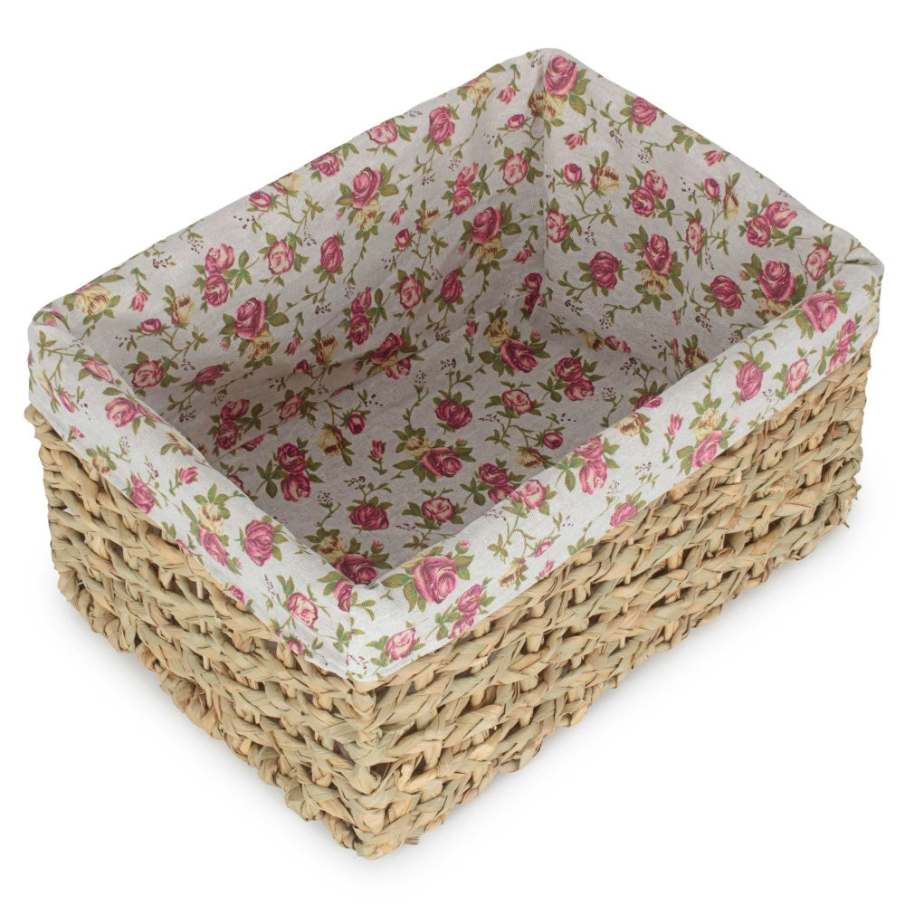 Thatch Grass Woven Storage Basket with Garden Rose Cotton Lining