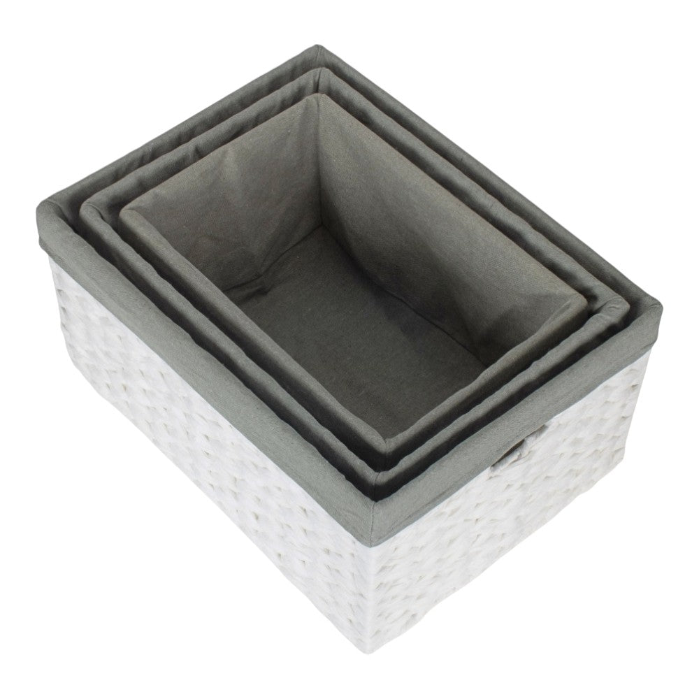 White Paper Rope Rectangular Storage Basket with Grey Cotton Lining