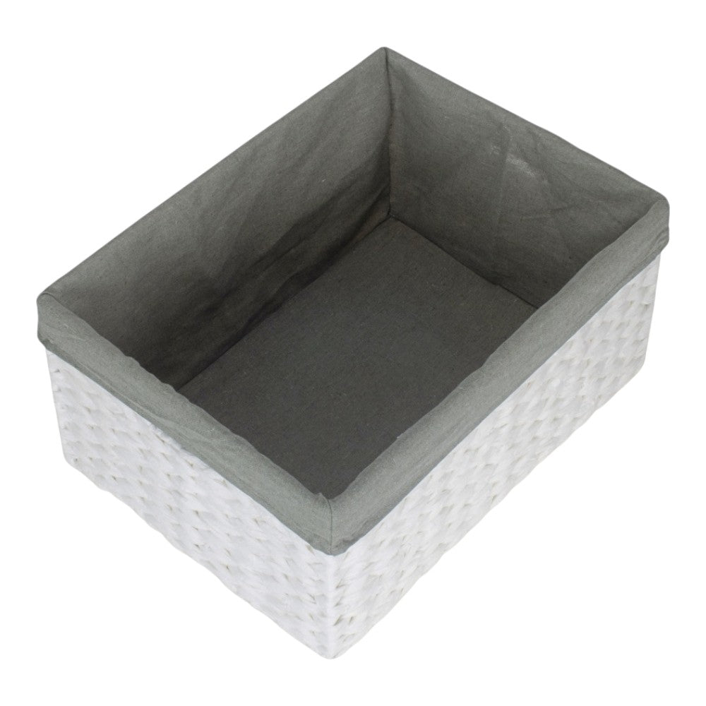 White Paper Rope Rectangular Storage Basket with Grey Cotton Lining