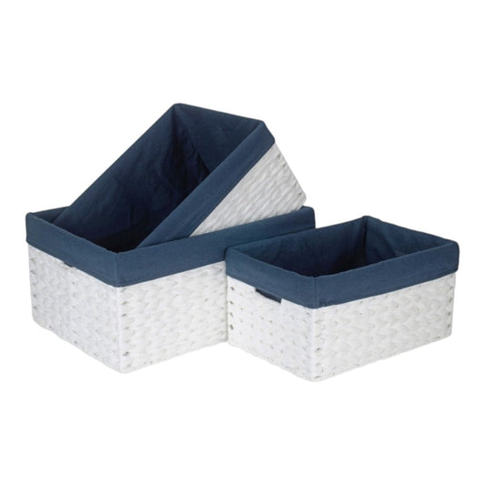 White Paper Rope Rectangular Storage Basket with Navy Blue Cotton Lining