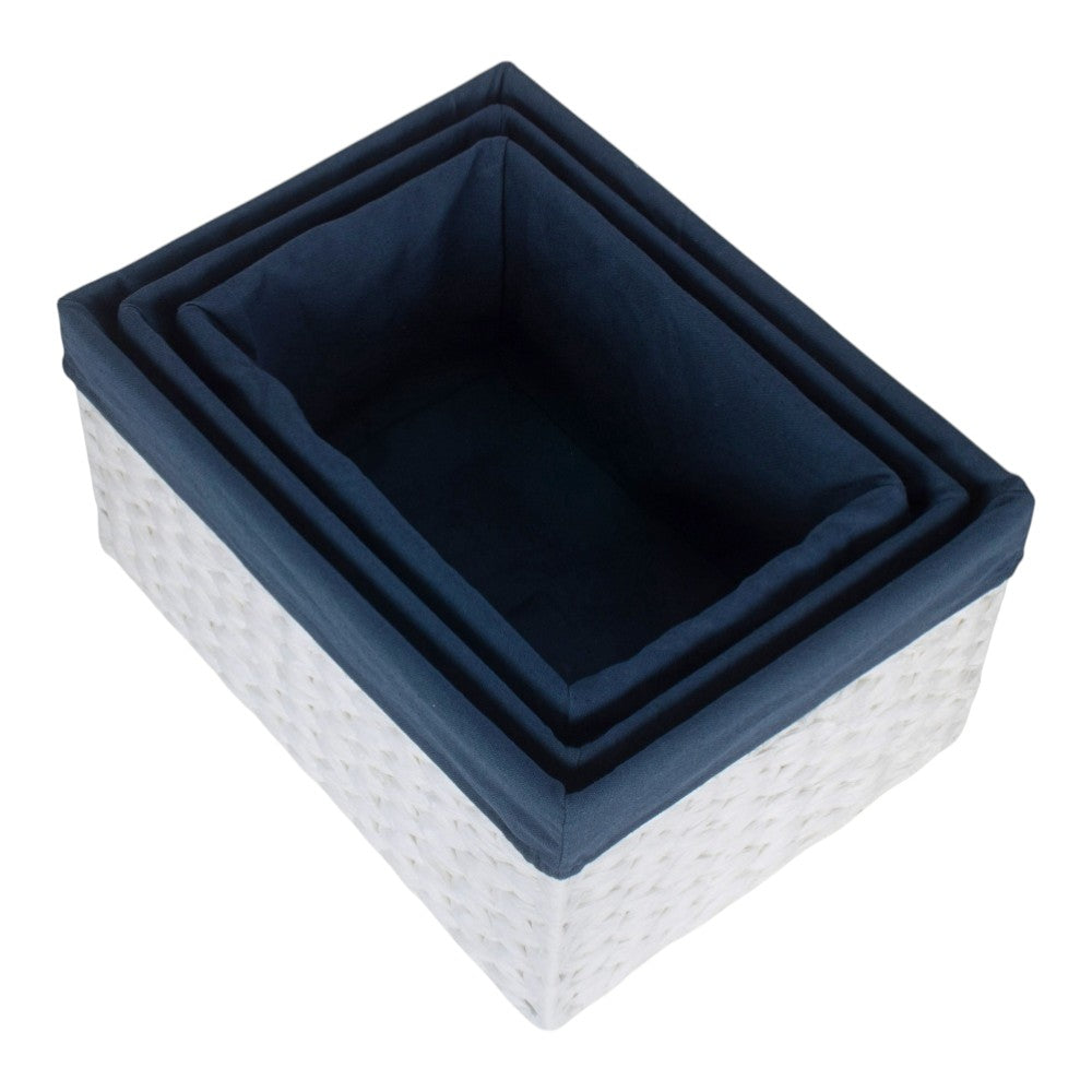 White Paper Rope Rectangular Storage Basket with Navy Blue Cotton Lining