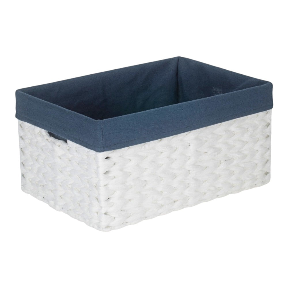 White Paper Rope Rectangular Storage Basket with Navy Blue Cotton Lining