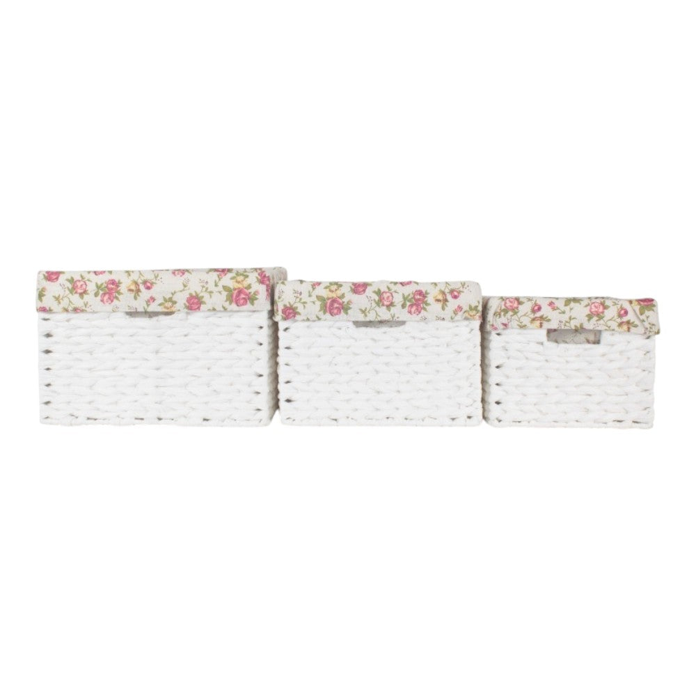 White Paper Rope Rectangular Storage Basket with Garden Rose Cotton Lining
